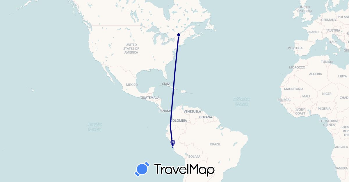TravelMap itinerary: driving in Canada, Ecuador, Peru (North America, South America)